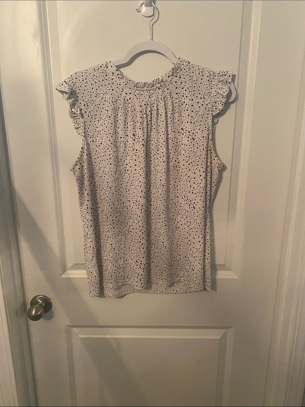 Adrianna Papell White Blouse with Black Dot Ruffle Cap Sleeves